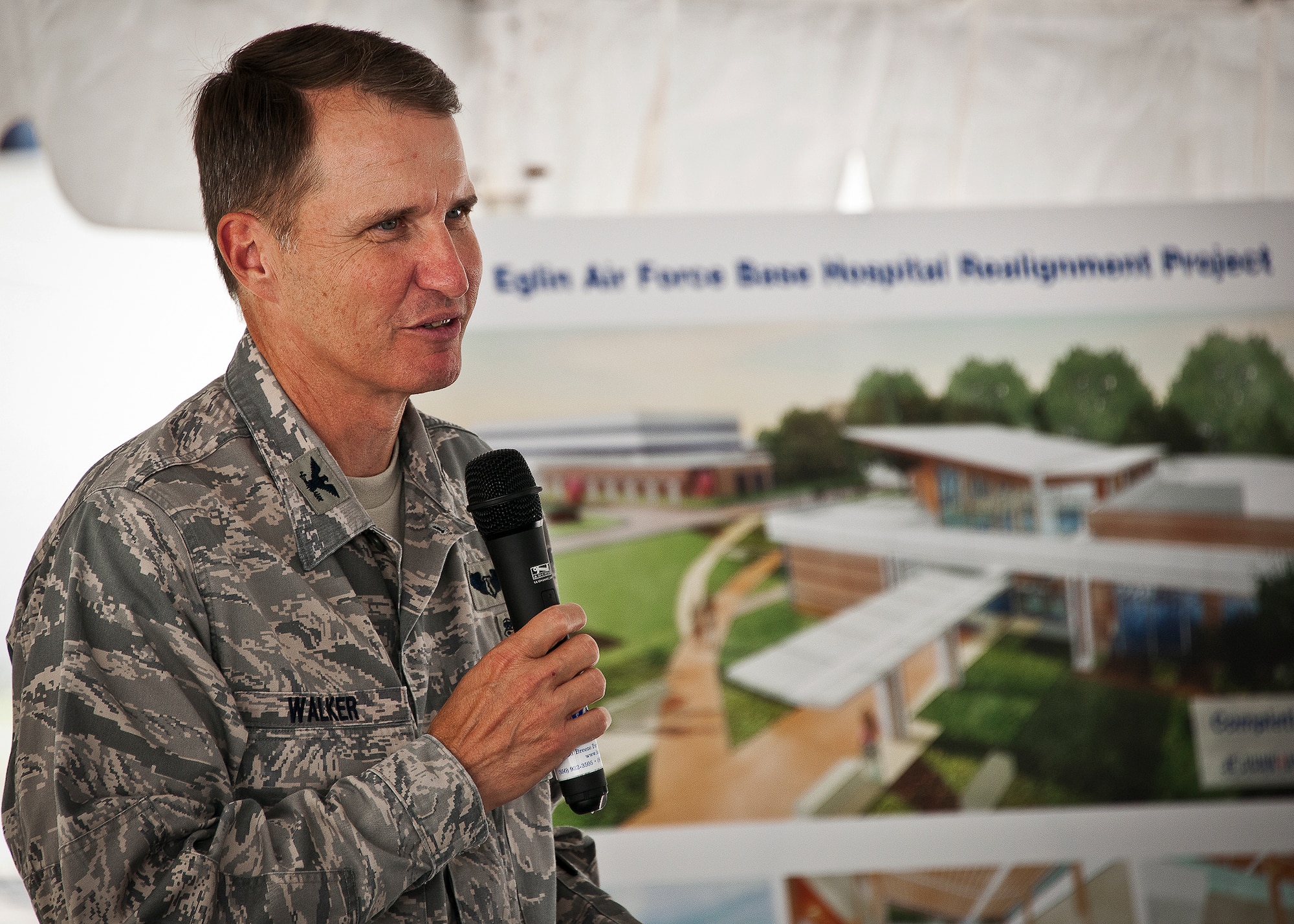Col. Gary Walker, the 96th Medical Group commander, speaks to the crowd about the new hospital realignment project at the ground-breaking ceremony of the medical annex building June 28 at Eglin Air Force Base, Fla.  (U.S. Air Force photo/Samuel King Jr.)