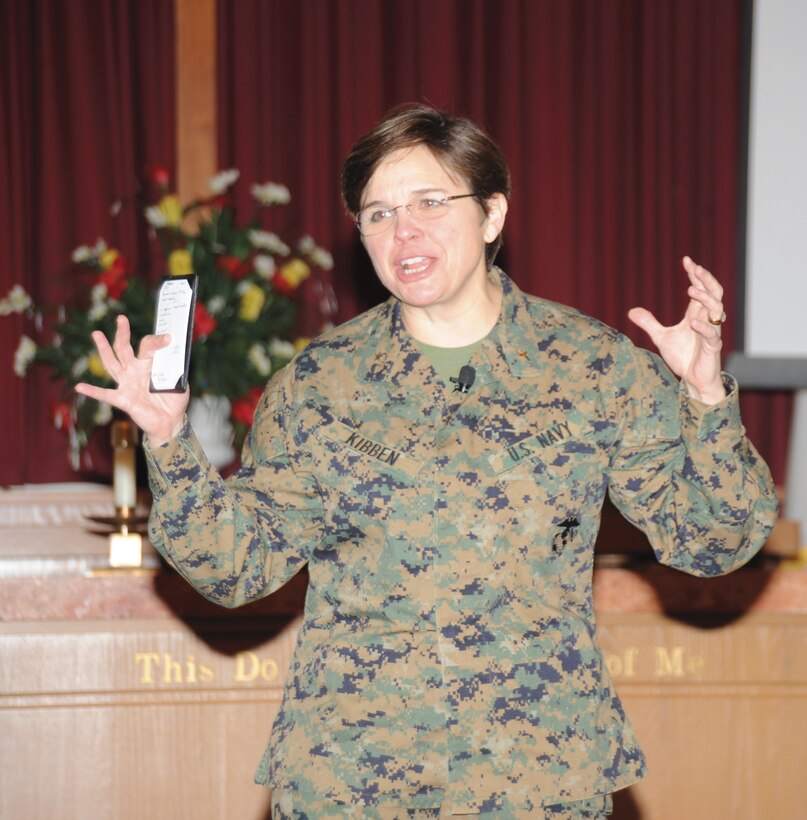 Rear Adm. Margaret Kibben, 18th chaplain of the Marine Corps and deputy chief of Navy chaplains, speaks to the base community at the Base Chapel, Feb. 22.