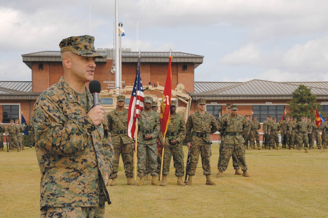 Col. Stephen Medeiros, commander, Marine Depot Maintenance Command, gives remarks following the activation of his new unit at Schmid Field, Feb. 23.