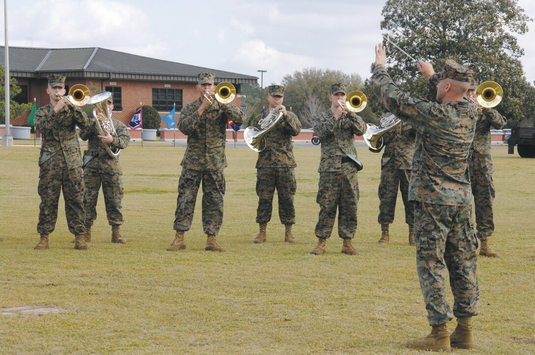 The Albany Marine Band plays one of its last performances during Marine Depot Maintenance Command’s activation ceremony at Schmid Field, Feb. 23.