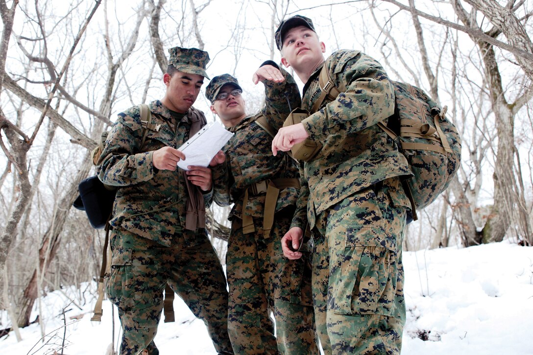 Marines with Combat Logistics Regiment 35 discuss the correct path to reach an objective while conducting land navigation near Mount Fuji March 1. CLR-35 is part of 3rd Marine Logistics Group, III Marine Expeditionary Force.