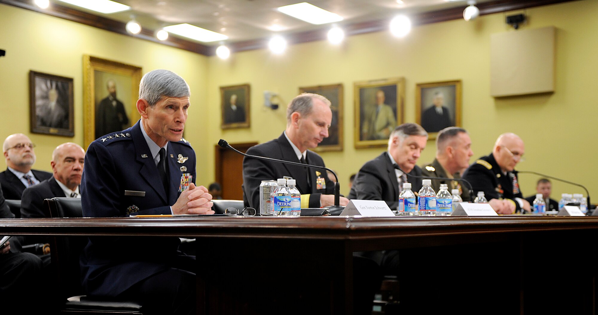Air Force Chief of Staff Gen. Norton Schwartz testifies before the House
Appropriations Committee's Subcommittee on Military Construction, Veterans
Affairs and Related Agencies on the service's fiscal 2013 budget request on
March 1, 2012, in Washington D.C.  Chief of Naval Operations Adm. Jonathan
Greenert, Under Secretary of Defense and Chief Financial Officer Robert F.
Hale, Assistant Commandant of the Marine Corps Gen. Joseph F. Dunford, Jr.,
and Army Chief of Staff Gen. Raymond Odierno also provided testimony on
behalf of their respective services.  (U.S. Navy photo/Mass Communication
Specialist 1st Class Peter D. Lawlor)
