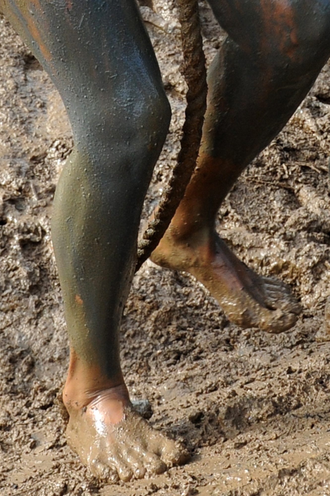 A competitor climbs the final obstacle of the Swamp Romp bare-footed because the mud claimed them along the way during the five-mile run along the Nu'upia ponds and down the Fort Hase Beach at Marine Corps Base Hawaii - Kaneohe Bay,  Feb. 25, 2012. This unique run, known as the "Dirtiest race in Hawaii" takes teams  over and under the challenge-laden course that included unlimited mud, low crawling, jumping, climbing and falling in the mud. (U.S. Air Force photo/Staff Sgt. Mike Meares)
