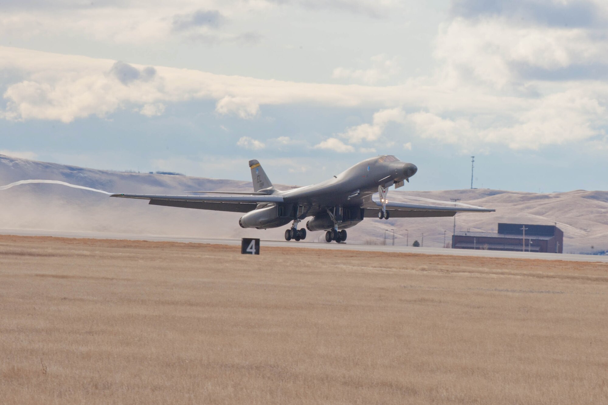 A B-1 bomber takes off during an Operational Readiness Exercise at Ellsworth Air Force Base, S.D., Feb. 23, 2012. The ORE tested Ellsworth’s ability to effectively and efficiently mobilize its aircraft, personnel and resources. (U.S. Air Force photo by Airman 1st Class Zachary Hada/Released)