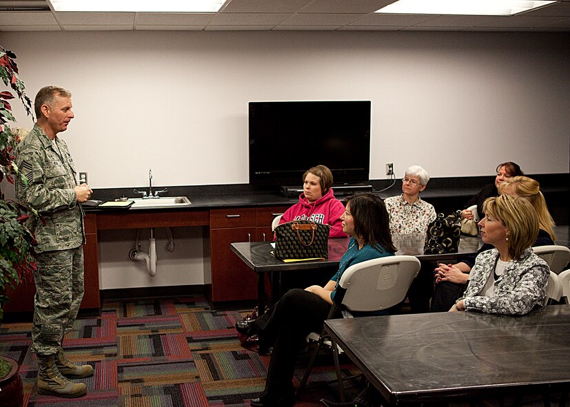 Chief Master Sgt. Jeffry Helm, Senior Enlisted Advisor for the Army and Air Force Exchange Service, speaks with the members of the Warren Spouses Club at the Fall Hall Community Center Feb. 21 during Helm’s visit to F. E. Warren Air Force Base, Wyo. Helm’s primary responsibility is to act as center for communications between the AAFES commander and the more than 12 million Army and Air Force active duty, guard, reserve, family members and retired customers. Chief Helm travels to Army and Air Force installations in all 50 states and in more than 30 countries  to communicate  updates on AAFES activities and to gather feedback on issues affecting AAFES’ customers. (U.S. Air Force photo by Matt Bilden)