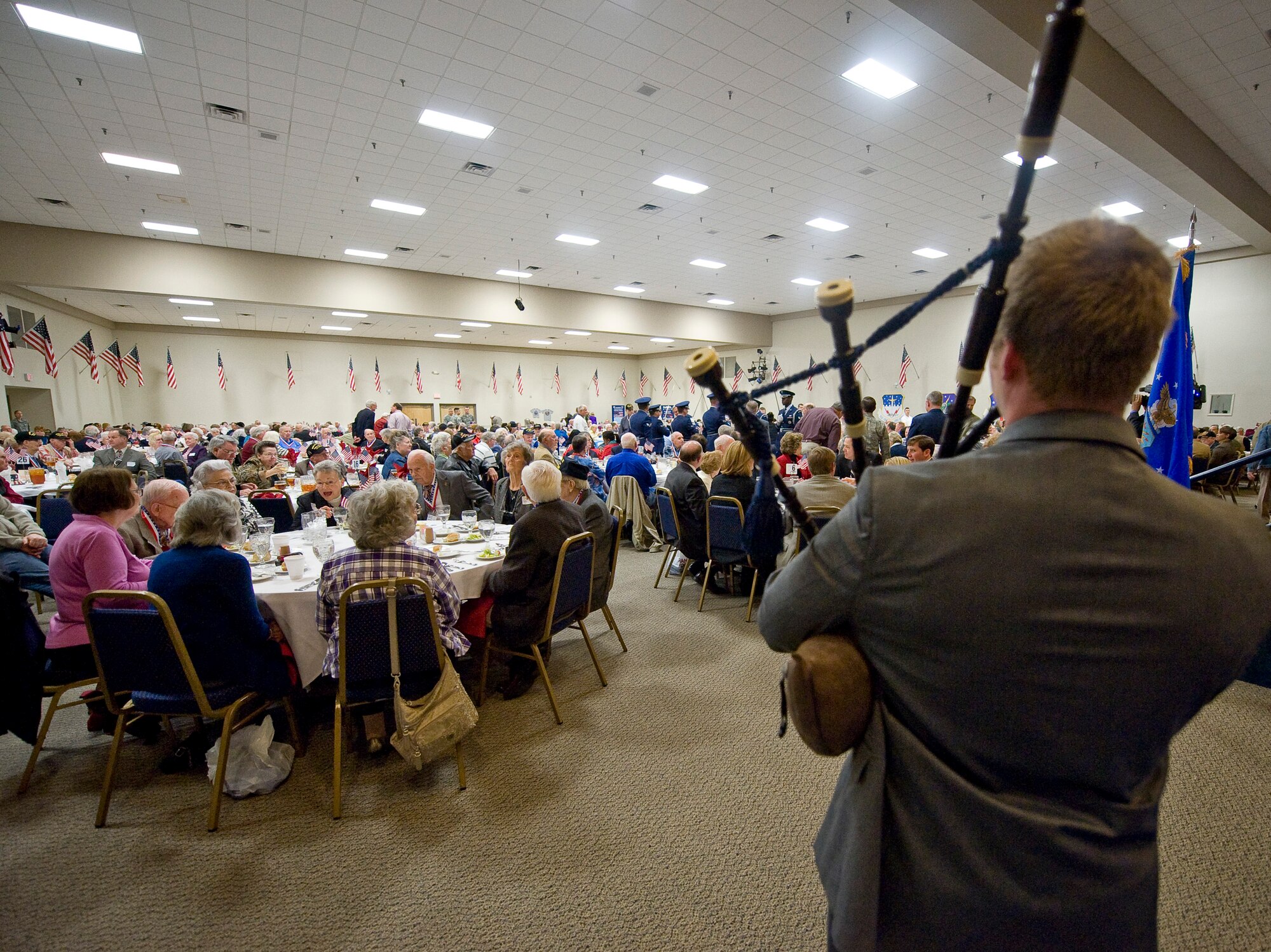 A musician plays bagpipes during the World War II veterans luncheon on Barksdale Air Force Base, La., Feb. 24. More than 200 veterans from Georgia, Texas, Arkansas and Louisiana were in attendance. (U.S. Air Force photo/Senior Airman Chad Warren)(RELEASED)