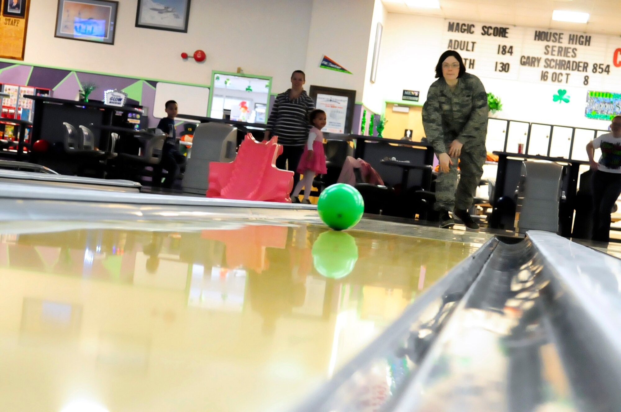 U.S. Air Force Staff Sgt. Jill Stevenson, 354th Communications Squadron resource advisor, participates in driving-under-the-influence free bowling Feb. 24, 2012, Eielson Air Force Base, Alaska. The 354th CS has been DUI free for more than 365 days and its Airmen rewarded a free day of bowling. (U.S. Air Force photo/Airman 1st Class Yash Rojas)