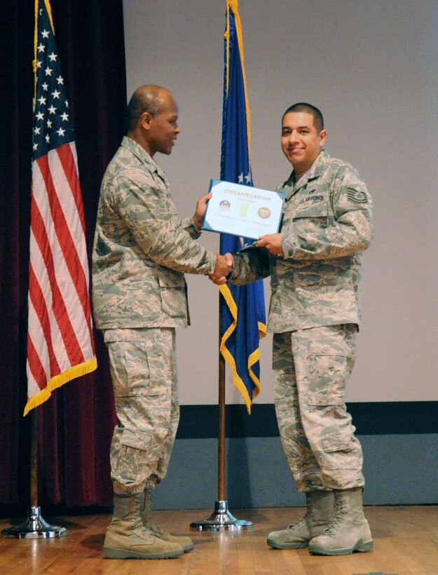 Tech. Sgt. Jose Torres, an F-16 crew chief instructor assigned to the 362nd Training Squadron, is congratulated on his selection for Officer Training School by Col. Willie Holt, 82nd Training Group commander, during a commander's call at Sheppard Air Force Base, Texas Mar. 1, 2012.  Torres, along with 29 other active-duty Airmen, was selected to be an officer by the first Rated Officer Board of 2012.  (U.S. Air Force photo/Josh Wilson)