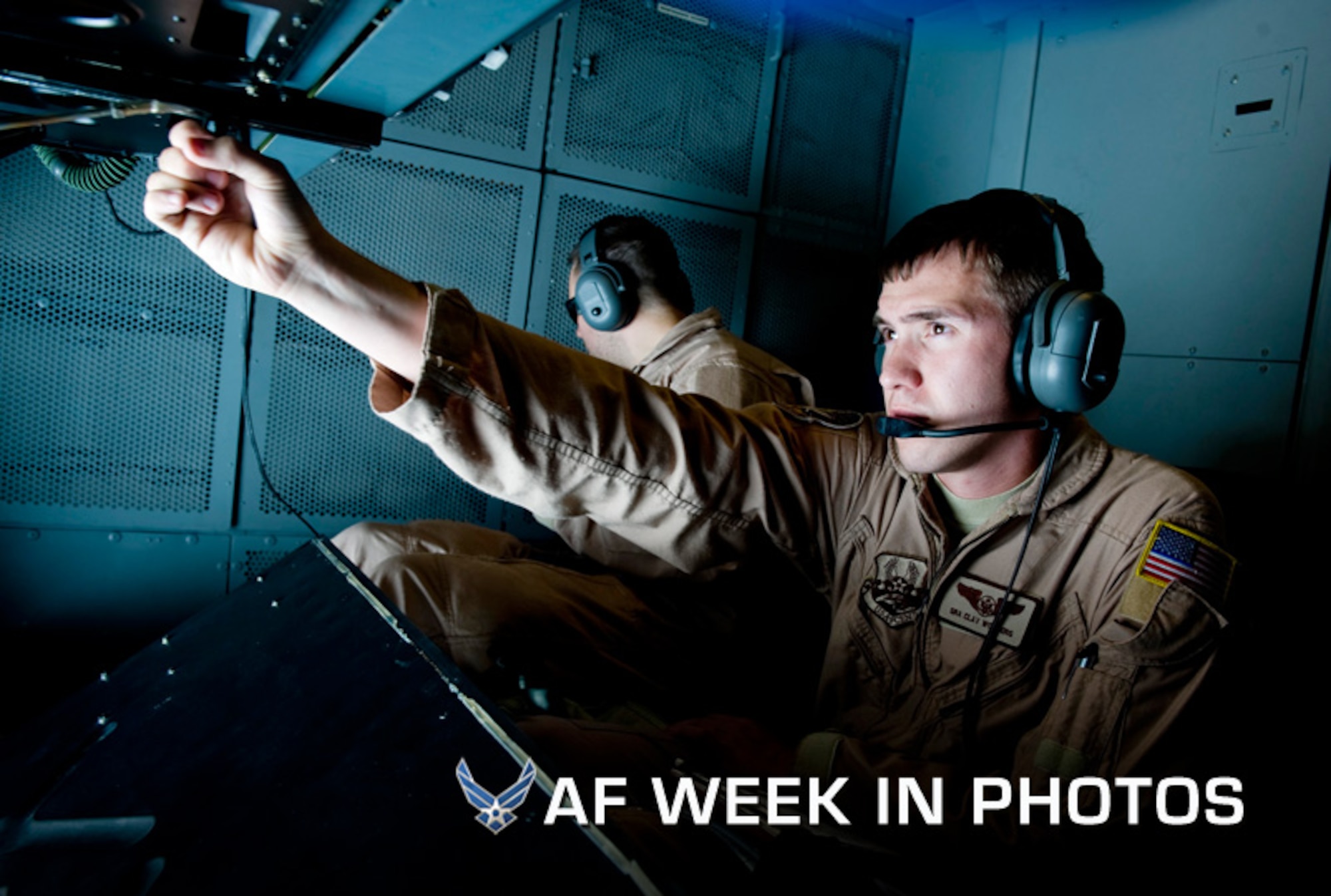 Senior Airman Clay Wonders, a KC-10 Extender boom operator with the 908th Expeditionary Air Refueling Squadron, adjusts his mirror before refueling an F/A-18C Hornet over Afghanistan on Feb. 26, 2012. The 908th EARS provides critical aerial refueling to aircraft in the area of responsibility, delivering more than one million gallons of fuel to the fight every day. (U.S. Air Force photo/Staff Sgt. Greg C. Biondo)
