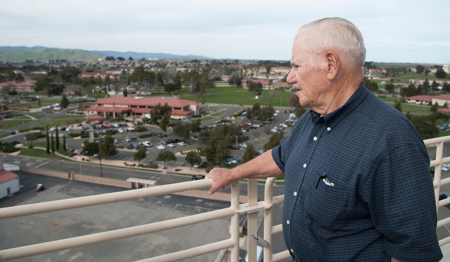 Retired Chief Master Sgt. Martin Church looks over Travis Air Force Base, Calif., on Feb. 21, 2012, from the control tower. He served at Travis from 1950 through 1955. (U.S. Air Force photo/Airman 1st Class Nicole Leidholm)