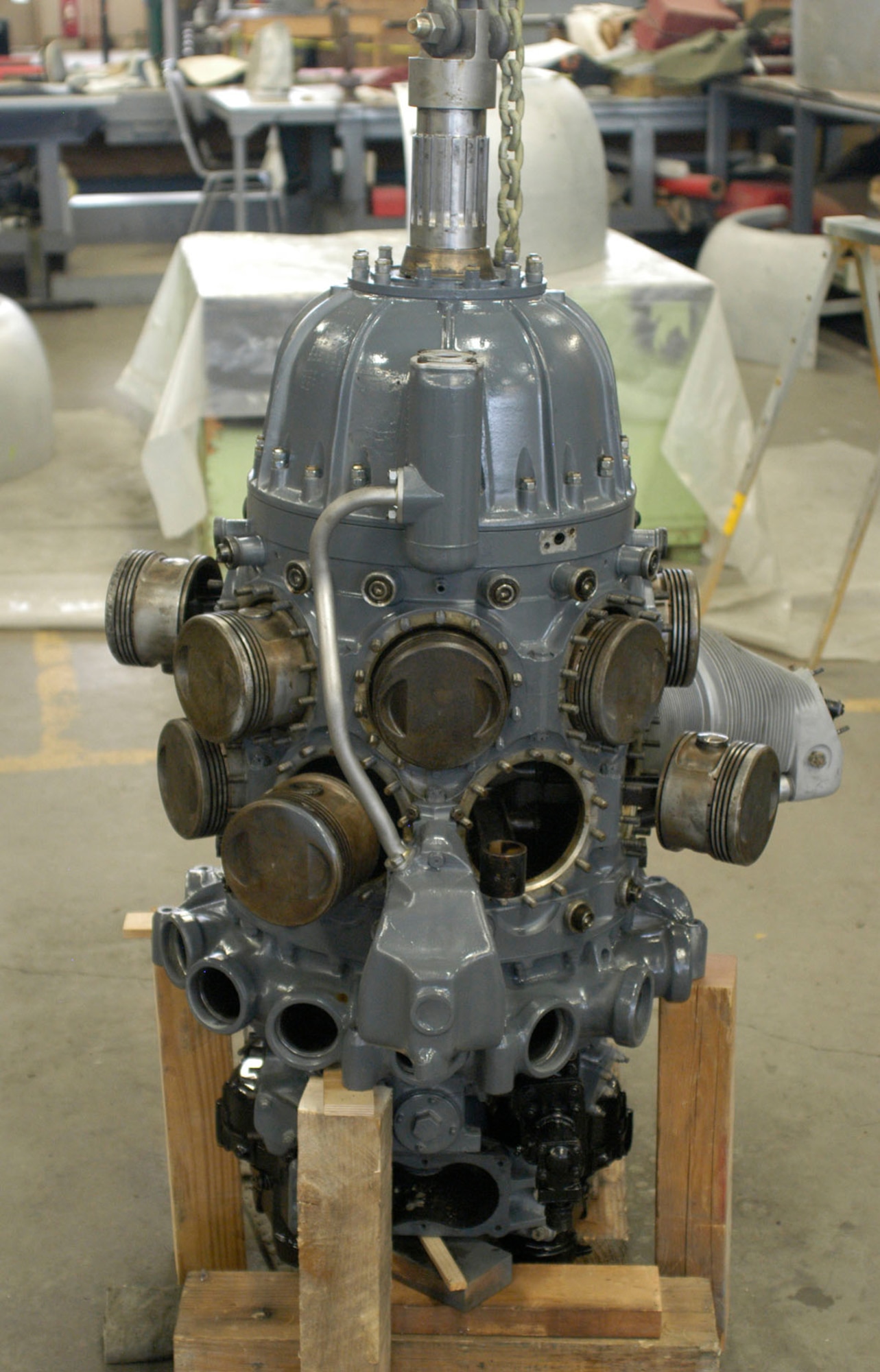 DAYTON, Ohio - The O-46A's R-1535-7 engine in the Restoration Hangar at the National Museum of the U.S. Air Force. (U.S. Air Force Photo)