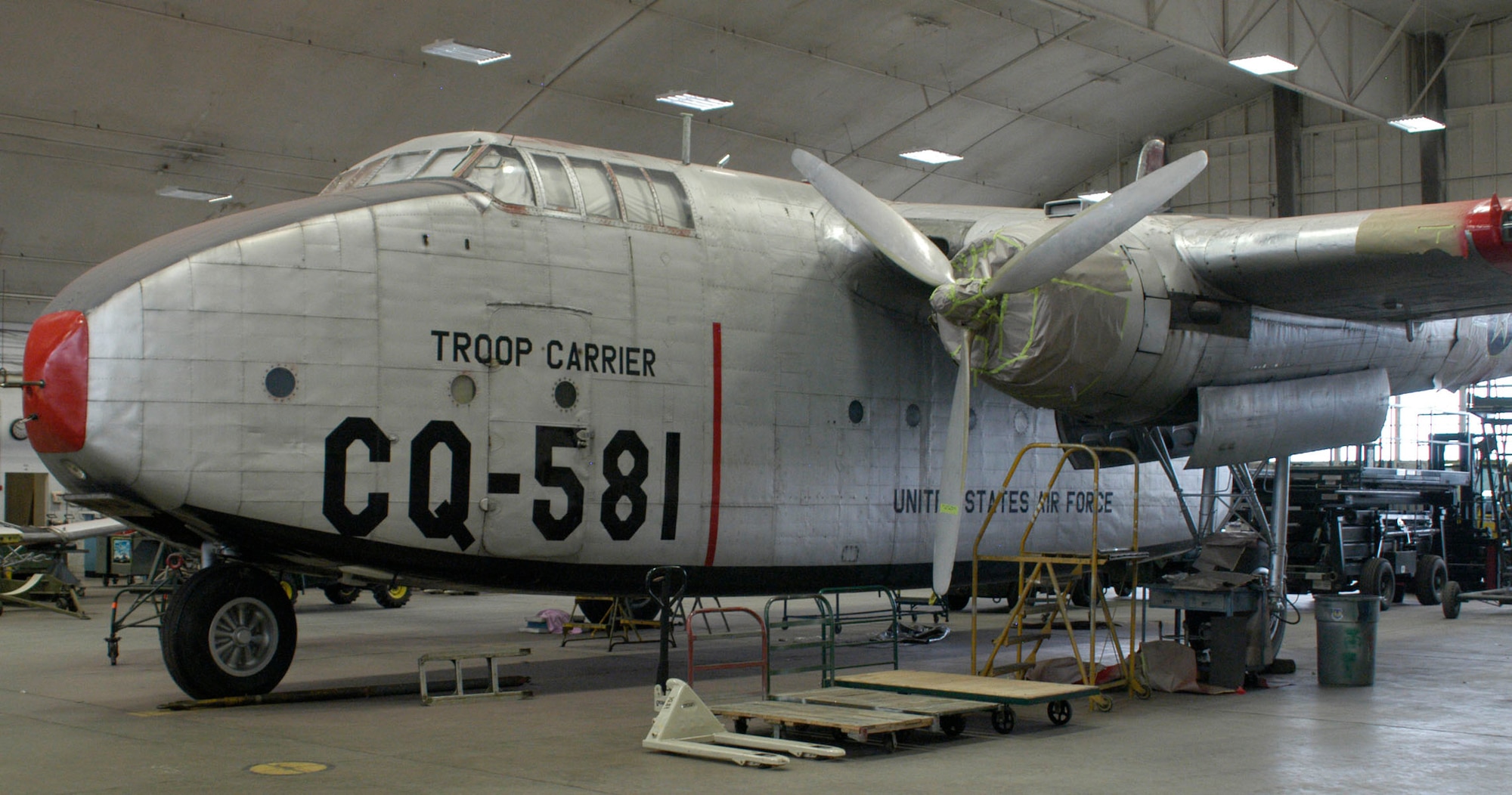 DAYTON, Ohio - The Fairchild C-82 Packet in the Restoration Hangar at the National Museum of the U.S. Air Force. (U.S. Air Force Photo)