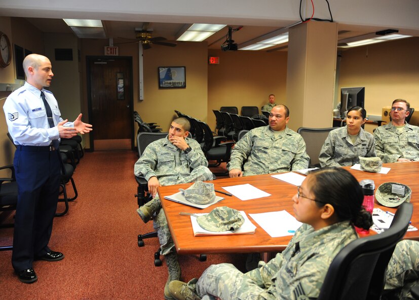 U.S. Air Force Staff Sgt. John Bolsch, 7th Medical Group, gives a search and recovery briefing to 7th Force Support Squadron Airmen Feb. 27, 2012, at Dyess Air Force Base, Texas. 7 FSS holds yearly training for this course to keep Airmen current on search and recovery procedures. (U.S. Air Force photo by Airman 1st Class Cierra Bullock/Released)