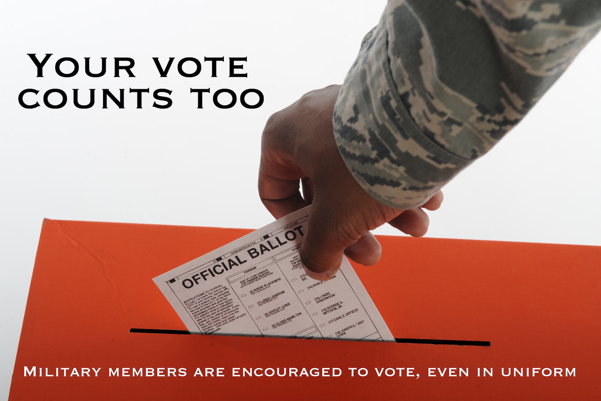 Every vote counts when it comes to political elections. Be sure to make your voice heard this election season and vote, even when in uniform. (U.S. Air Force illustration by Airman 1st Class Douglas Ellis/Released)

