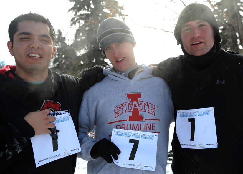 (From left) Airmen 1st Class Marco Cervantes, Alex Shiverick and Jeffrey Lowder pose together as a team after completing the 3rd Annual Cold Avenger’s End It Extreme North Dakota Iceman Triathlon on Feb. 25, 2012, in downtown Grand Forks, N.D. The trio represented the Airman’s Activity Council, a professional organization for junior enlisted Airmen on Grand Forks Air Force Base, N.D. (U.S. Air Force photo Airman 1st Class Xavier Navarro)