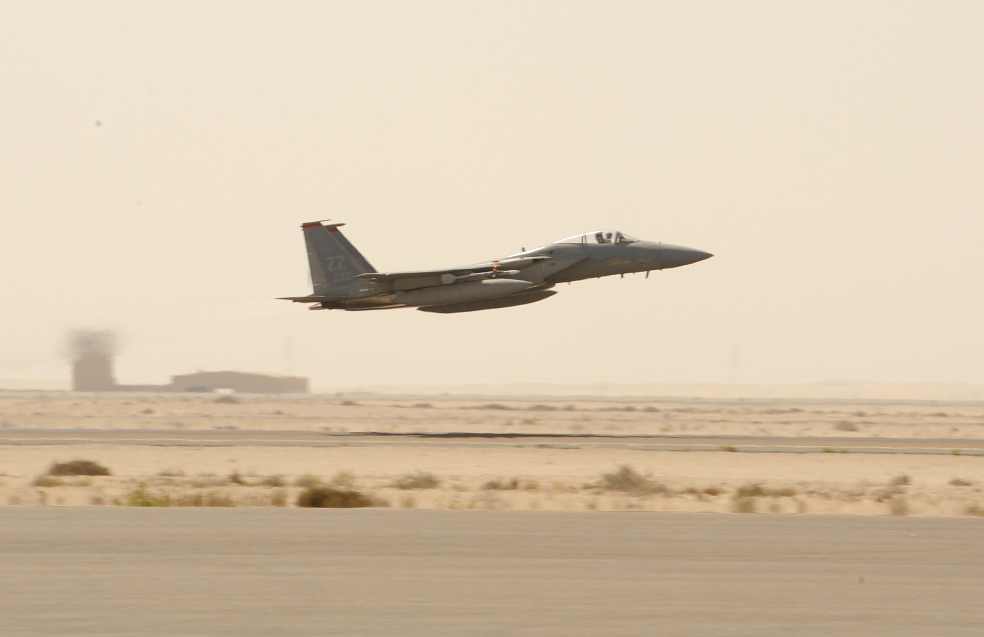 SOUTHWEST ASIA - An F-15 Eagle takes off for a training sortie Feb. 22, 2012. The F-15s are deployed to the 380th Air Expeditionary Wing from Kadena Air Base, Japan. Their mission is both deterrence as part of the defense of the Arabian Gulf, and training with partners in the region. (U.S. Air Force photo/Tech. Sgt. Arian Nead)