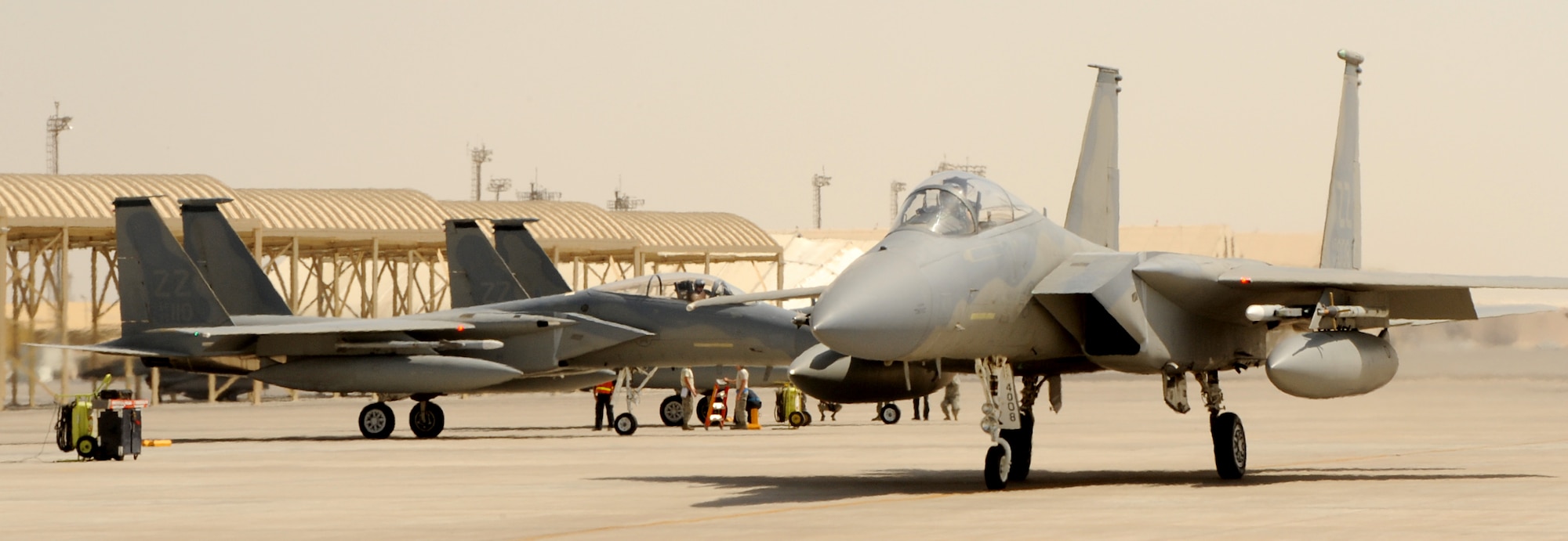 SOUTHWEST ASIA - An F-15 Eagle taxis prior to a training sortie Feb. 22, 2012. The 44th Expeditionary Fighter Squadron, deployed from Kadena Air Base, Japan, flies with the 380th Air Expeditionary Wing in Southwest Asia. Their mission is both deterrence as part of the defense of the Arabian Gulf, and training with partners in the region. (U.S. Air Force photo/Tech. Sgt. Arian Nead)