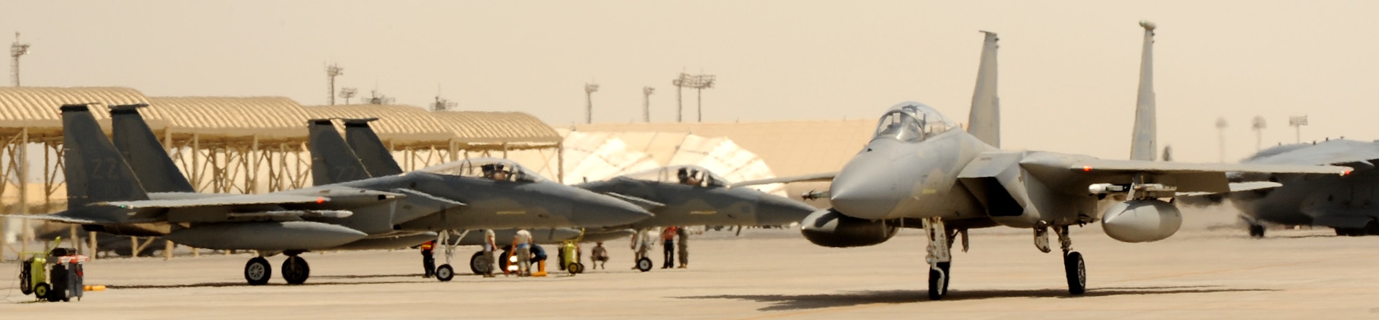 SOUTHWEST ASIA - An F-15 Eagle taxis prior to a training sortie Feb. 22, 2012. The 44th Expeditionary Fighter Squadron, deployed from Kadena Air Base, Japan, flies with the 380th Air Expeditionary Wing in Southwest Asia. Their mission is both deterrence as part of the defense of the Arabian Gulf, and training with partners in the region. (U.S. Air Force photo/Tech. Sgt. Arian Nead)