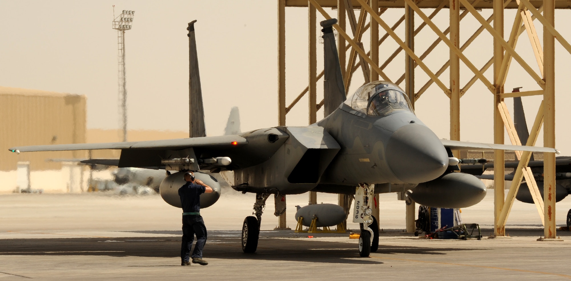 SOUTHWEST ASIA - An F-15 Eagle taxis prior to a training sortie Feb. 22, 2012. The 44th Expeditionary Fighter Squadron, deployed from Kadena Air Base, Japan, flies with the 380th Air Expeditionary Wing in Southwest Asia. Their mission is both deterrence as part of the defense of the Arabian Gulf, and training with partners in the region. (U.S. Air Force photo/Tech. Sgt. Arian Nead)