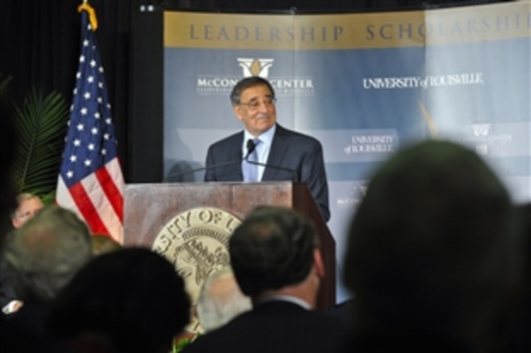 Defense Secretary Leon E. Panetta delivers remarks to roughly 1,200 people at the University of Louisville in Kentucky, March 1, 2012. 
