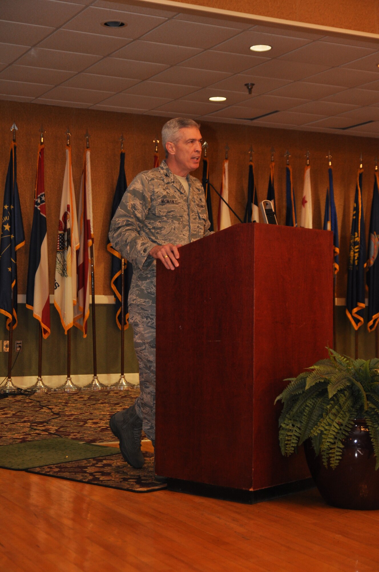 Col. Gerald McManus, Command Chaplin of the Global Strike Command, speaks at the National Prayer Breakfast Feb. 28 at the Columbus Club on Columbus Air Force Base.  McManus told several stories during the breakfast that demonstrated the importance of spiritual resilience. (U.S. Air Force Photo/Airman 1st Class Charles Dickens)