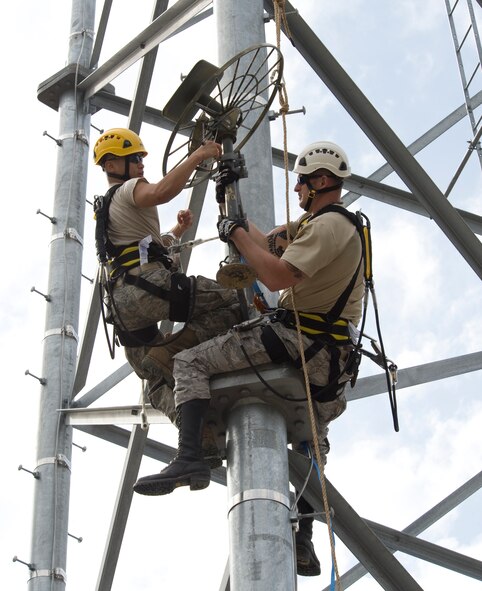Airman 1st Class Wong Ly and Staff Sgt. Thomas Converse, 2nd Communications Squadron cable and antenna maintenance, stabilize an Aircraft Alerting Communications Electromagnetic pulse antenna on Barksdale Air Force Base, La., Feb. 28. The AACE antenna sends out emergency messages to aircraft in the event that other communication devices are disabled. (U.S. Air Force photo/Airman 1st Class Benjamin Gonsier)(RELEASED)