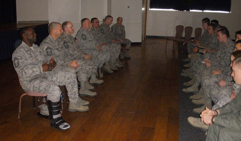 Members of “The Chiefs Panel” interact with cadets from the University of Maryland Air Force Reserve Officer Training Corps Detachment 330 Feb. 17.  The mentoring program introduces soon-to-be lieutenants a chance to glean information from the Air Force’s most senior enlisted members. (Courtesy photo)