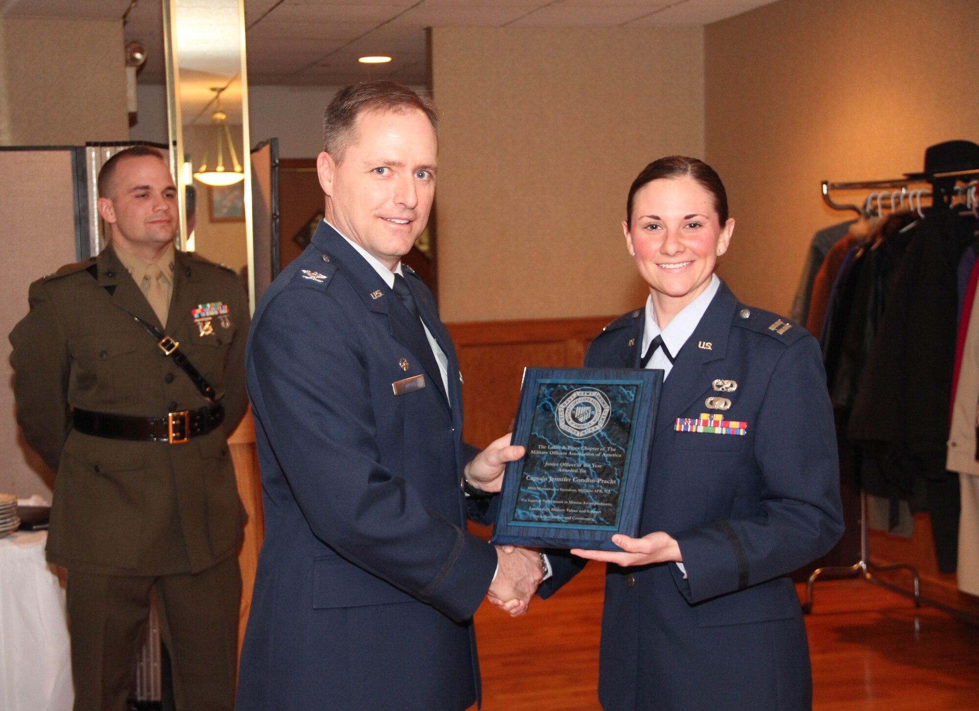 The Lakes & Pines Chapter of the Military Officers Association of America held its Third Junior Officer of the Year Brunch at the Garden State Diner in Wrightstown, N.J., recognizing Capt. Jennifer Condon-Pracht, 305th Aircraft Maintenance Squadron, as its Junior Officer of the Year Feb. 25. The award was presented by Col. John Wood, Joint Base McGuire-Dix-Lakehurst commander. All five nominees for the award were recognized and presented a one-year free membership to MOAA and the Lakes & Pines Chapter. (Courtesy photo/Released)