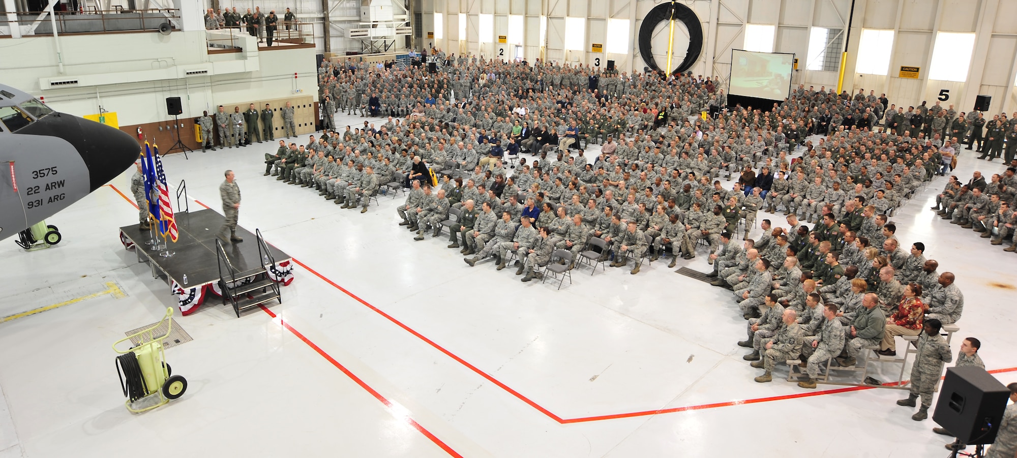 Lt. Gen. Mark Ramsay, 18th Air Force commander, speaks to more than 1,000 Team McConnell members during an all-call Feb. 29, 2012, McConnell Air Force Base, Kan.  Ramsay visited the 22nd Air Refueling Wing to meet with Airmen and speak on issues they’re facing in the Air Force today.  Ramsay is the 18th Air Force’s sixth commander, responsible for a worldwide operational mission conducted by more than 38,000 active-duty Airmen and civilians and approximately 1,300 airlift and air refueling aircraft.  (U.S. Air Force photo/Staff Sgt. Maria A. Ruiz)  