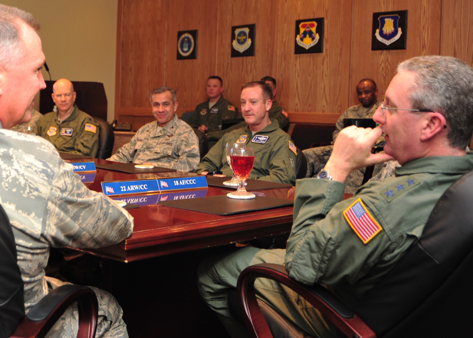 Lt. Gen. Mark Ramsay, 18th Air Force commander, meets with wing senior leadership to discuss base operations, utilities, Total Force mission, and Airmen capabilities Feb. 28, 2012, McConnell Air Force Base, Kan.  Ramsay toured the base to observe the mission and speak with the people of the 22nd Air Refueling Wing.  The 18th AF is Air Mobility Command’s sole warfighting numbered air force, responsible for AMC’s worldwide operational mission.  (U.S. Air Force photo/Staff Sgt. Maria A. Ruiz) 