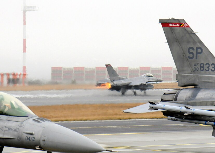 SPANGDAHLEM AIR BASE, Germany – A 480th Fighter Squadron F-16 Fighting Falcon aircraft takes flight here March 2 heading for Anatolian Falcon 2012 at Turkish air force's Konya Air Base, Turkey. AF12 is a weapons-training deployment geared to expanding and honing military interoperability between the U.S. and Turkish air forces. More than 250 Airmen and 15 aircraft will participate in the exercise, which involves air missions to include interdiction, attack, air superiority, defense suppression, airlift, air refueling and reconnaissance. (U.S. Air Force photo by Staff Sgt. Daryl Knee/Released)