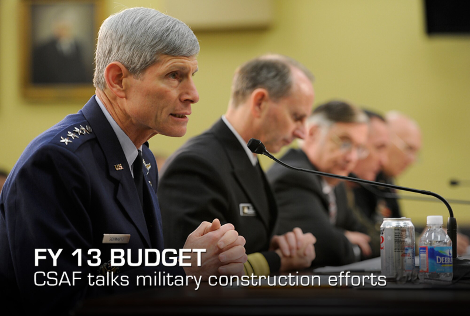Air Force Chief of Staff Gen. Norton Schwartz testifies before the House Appropriations Committee's Subcommittee on Military Construction, Veterans Affairs and Related Agencies on the service's fiscal 2013 budget request March 1, 2012, in Washington D.C. Chief of Naval Operations Adm. Jonathan Greenert, Under Secretary of Defense and Chief Financial Officer Robert F. Hale, Assistant Commandant of the Marine Corps Gen. Joseph F. Dunford, Jr. and Army Chief of Staff Gen. Raymond Odierno also provided testimony on behalf of their respective services. (U.S. Navy photo/Mass Communication Specialist 1st Class Peter D. Lawlor) 