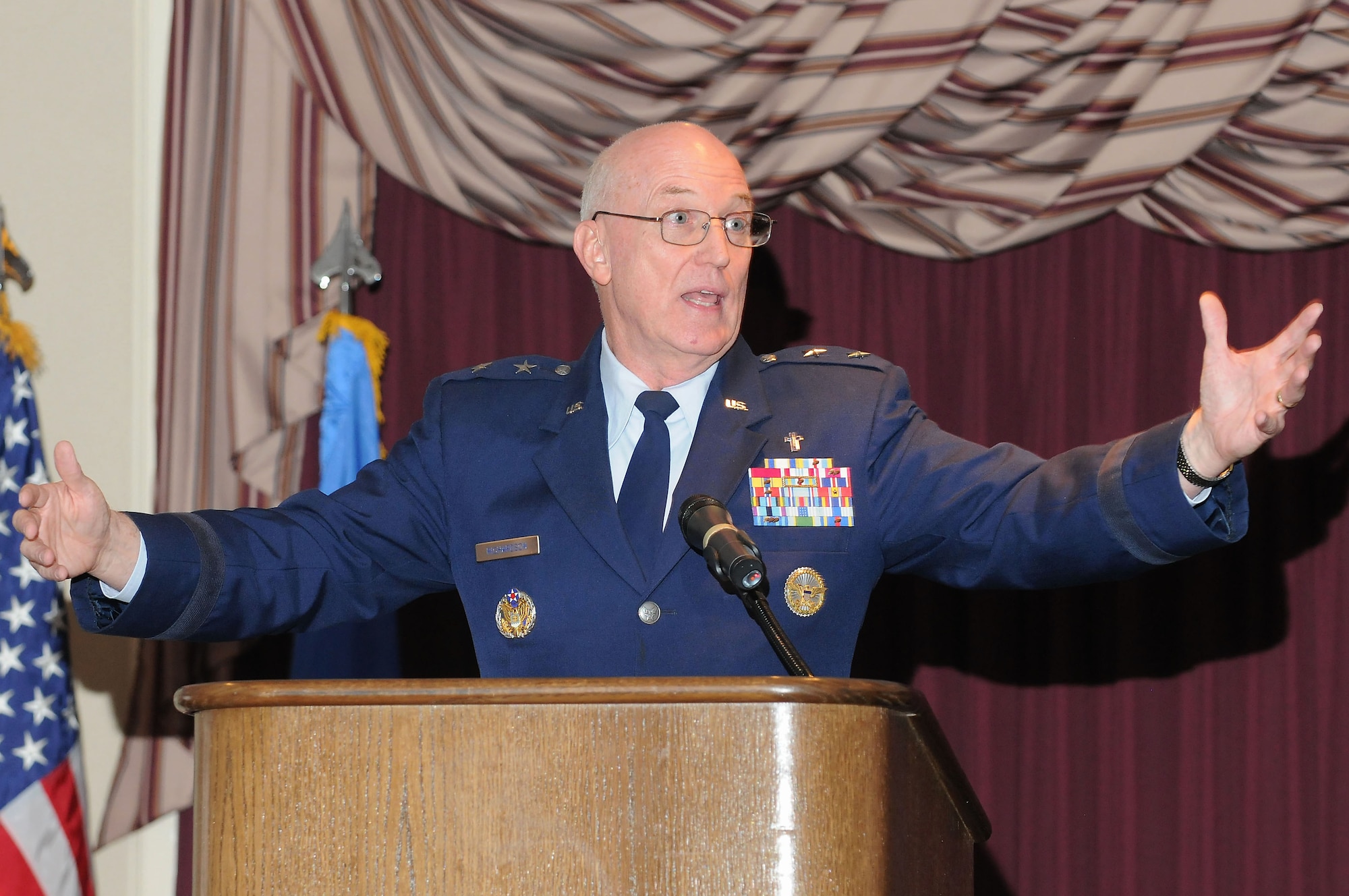 Maj. Gen. Cecil R. Richardson, chief of Chaplains at Headquarters U.S. Air Force, delivered a humorous but earnest message during the National Prayer Luncheon at Tinker. (Air Force photo by David Faytinger)