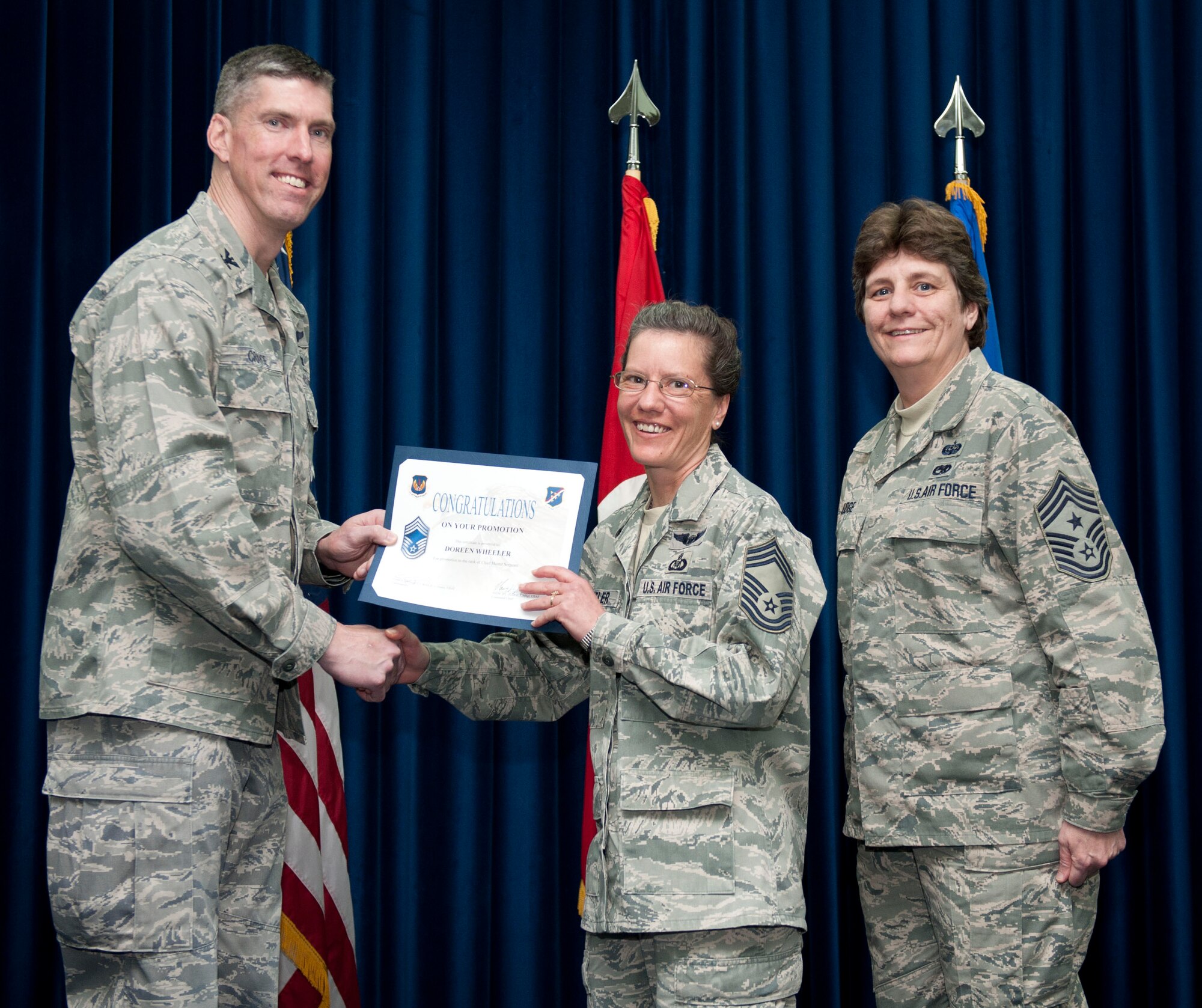 Doreen Wheeler, 39th Air Base Wing, is promoted to the rank of chief master sergeant Feb. 29, 2012, at the Club Complex ballroom at Incirlik Air Base, Turkey. (U.S. Air Force photo by Senior Airman Clayton Lenhardt/Released)