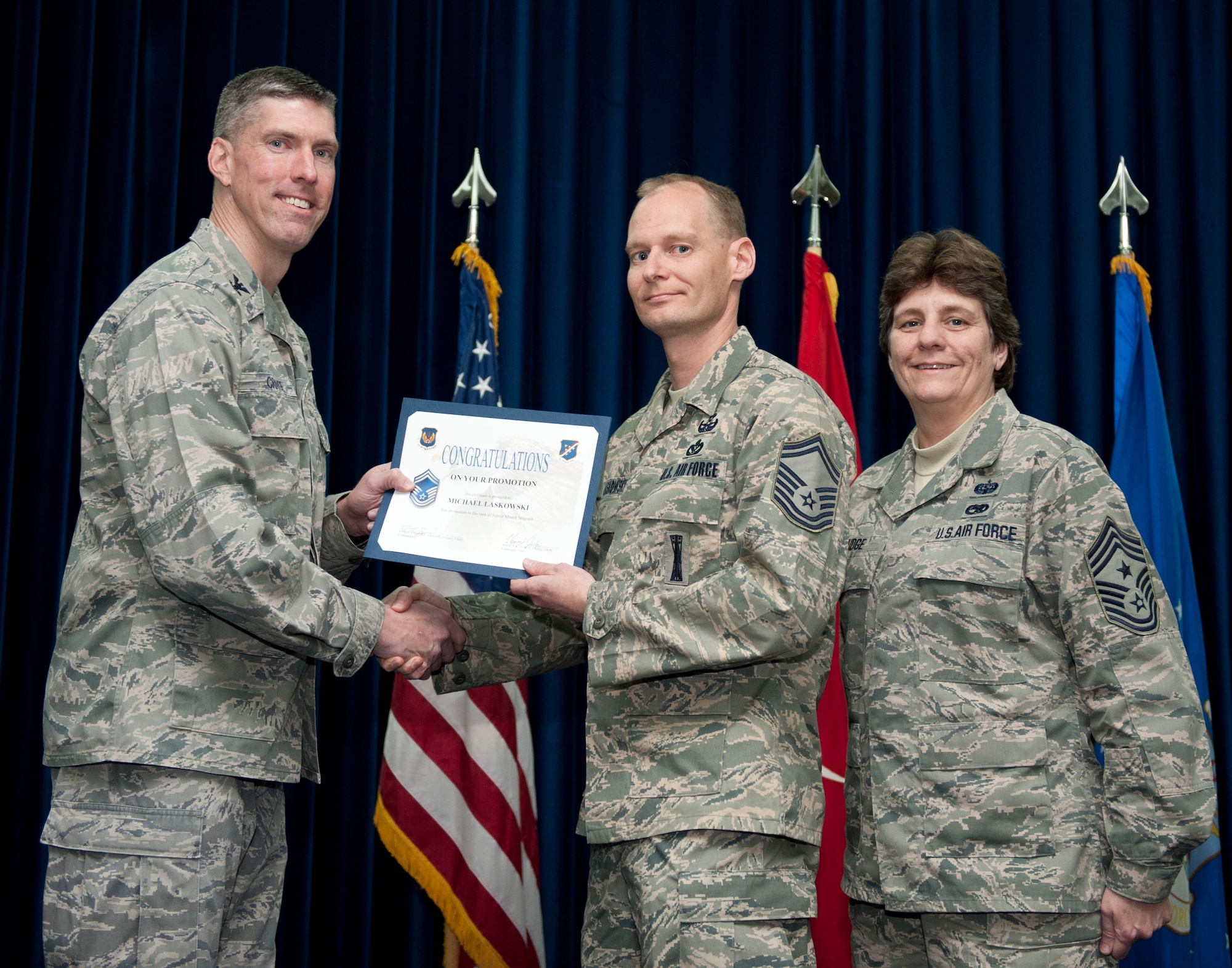 Michael Laskowski, 39th Civil Engineer Squadron, is promoted to the rank of senior master sergeant Feb. 29, 2012, at the Club Complex ballroom at Incirlik Air Base, Turkey. (U.S. Air Force photo by Senior Airman Clayton Lenhardt/Released)