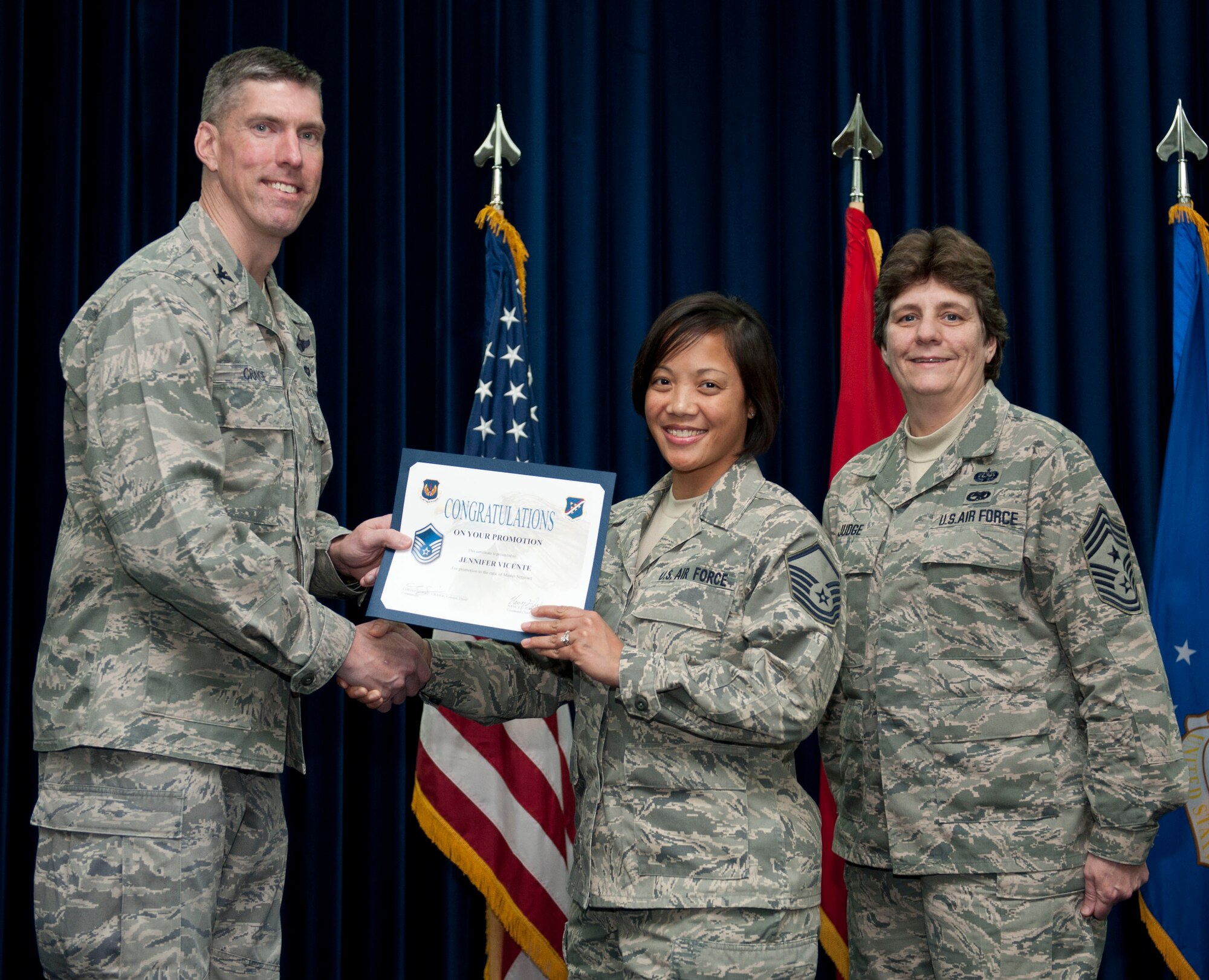 Jennifer Vicente, 39th Communications Squadron, is promoted to the rank of master sergeant Feb. 29, 2012, at the Club Complex ballroom at Incirlik Air Base, Turkey. (U.S. Air Force photo by Senior Airman Clayton Lenhardt/Released)