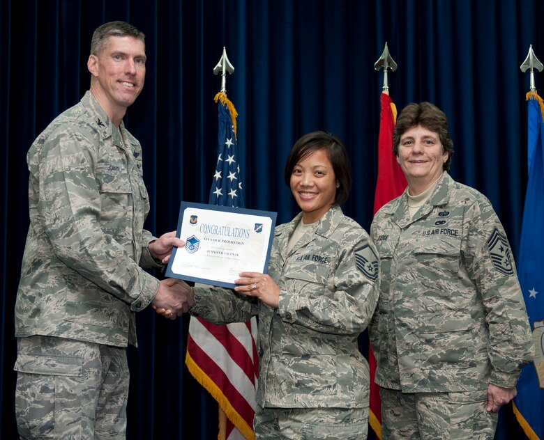 Jennifer Vicente, 39th Communications Squadron, is promoted to the rank of master sergeant Feb. 29, 2012, at the Club Complex ballroom at Incirlik Air Base, Turkey. (U.S. Air Force photo by Senior Airman Clayton Lenhardt/Released)