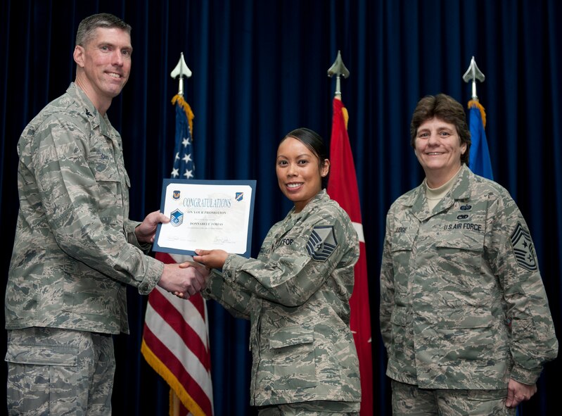 Donnabele Tobias, 39th Logistics Readiness Squadron, is promoted to the rank of master sergeant Feb. 29, 2012, at the Club Complex ballroom at Incirlik Air Base, Turkey. (U.S. Air Force photo by Senior Airman Clayton Lenhardt/Released)