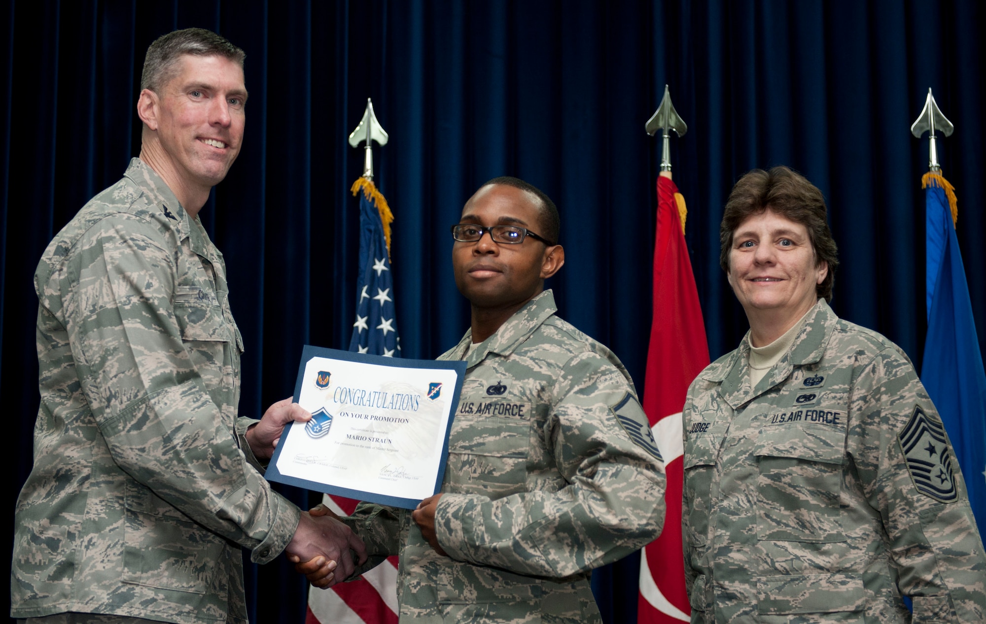 Mario Straun, 39th Logistics Readiness Squadron, is promoted to the rank of master sergeant Feb. 29, 2012, at the Club Complex ballroom at Incirlik Air Base, Turkey. (U.S. Air Force photo by Senior Airman Clayton Lenhardt/Released)