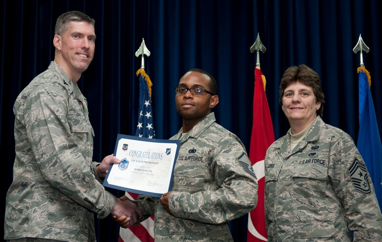 Mario Straun, 39th Logistics Readiness Squadron, is promoted to the rank of master sergeant Feb. 29, 2012, at the Club Complex ballroom at Incirlik Air Base, Turkey. (U.S. Air Force photo by Senior Airman Clayton Lenhardt/Released)