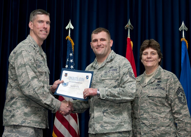 Brian Fenton, 39th Operations Squadron, is promoted to the rank of technical sergeant Feb. 29, 2012, at the Club Complex ballroom at Incirlik Air Base, Turkey. (U.S. Air Force photo by Senior Airman Clayton Lenhardt/Released)