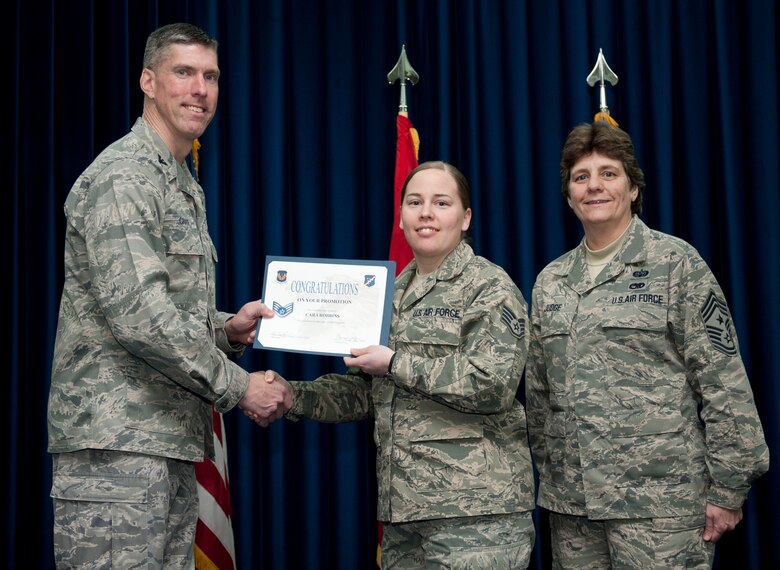 Cara Robbins, 39th Communications Squadron, is promoted to the rank of staff sergeant Feb. 29, 2012, at the Club Complex ballroom at Incirlik Air Base, Turkey. (U.S. Air Force photo by Senior Airman Clayton Lenhardt/Released)