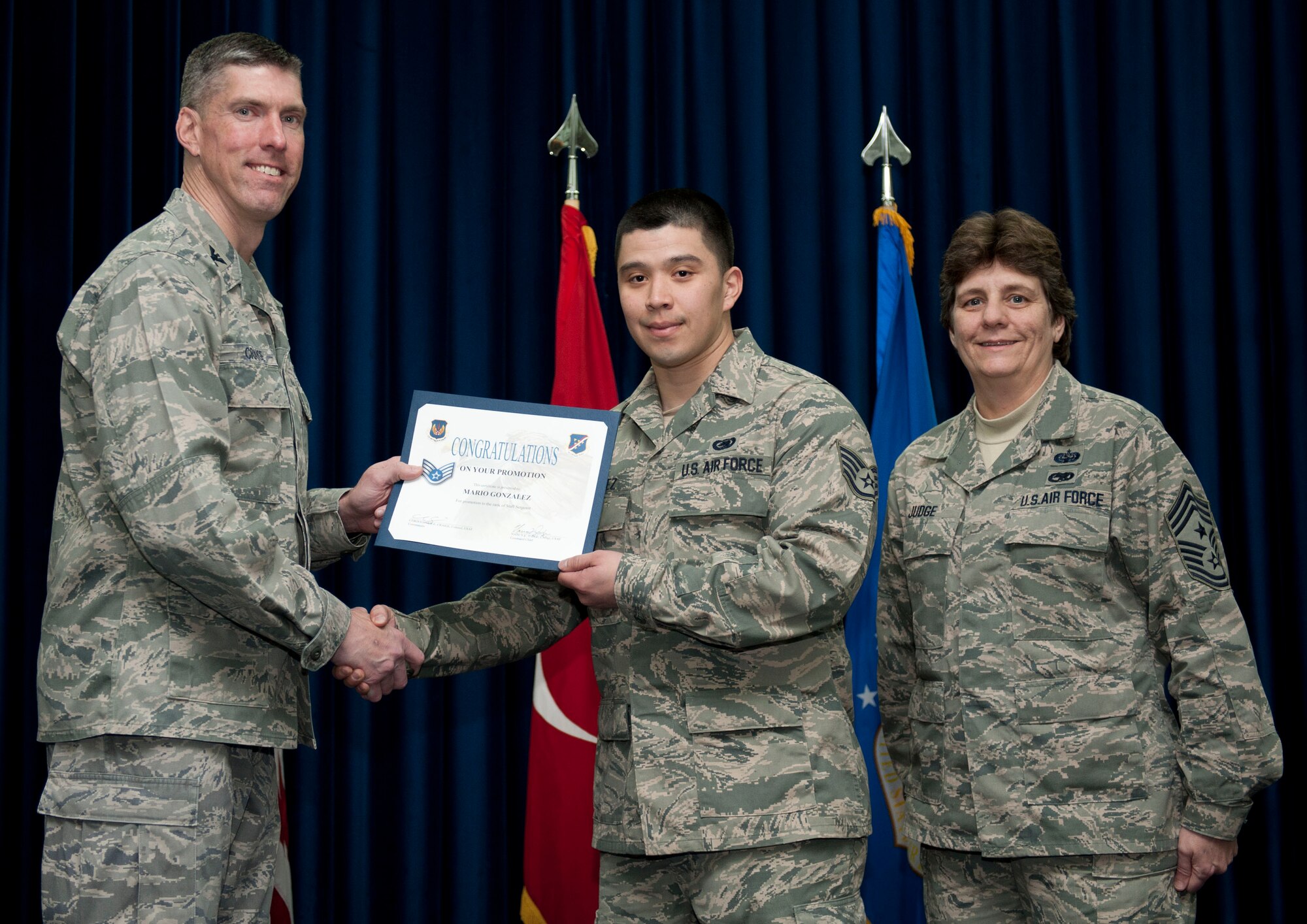 Mario Gonzalez,  39th Maintenance Squadron, is promoted to the rank of staff sergeant Feb. 29, 2012, at the Club Complex ballroom at Incirlik Air Base, Turkey. (U.S. Air Force photo by Senior Airman Clayton Lenhardt/Released)