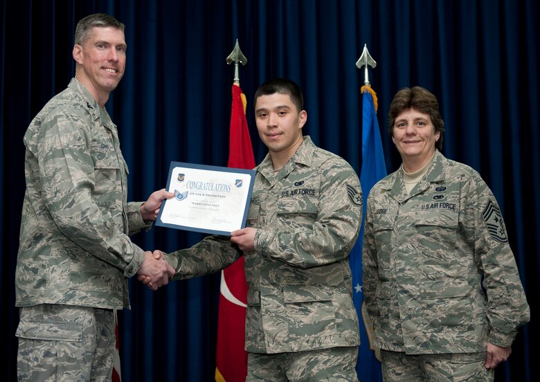 Mario Gonzalez,  39th Maintenance Squadron, is promoted to the rank of staff sergeant Feb. 29, 2012, at the Club Complex ballroom at Incirlik Air Base, Turkey. (U.S. Air Force photo by Senior Airman Clayton Lenhardt/Released)