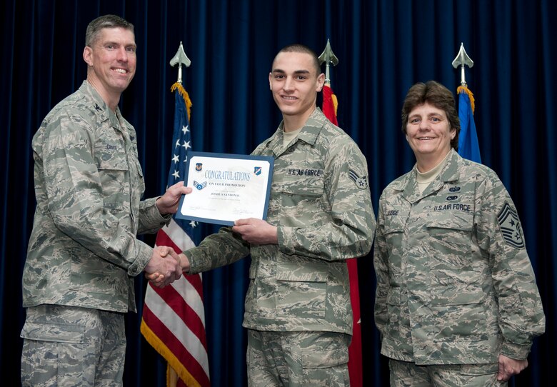 Joshua Sandoval, 728th Air Mobility Squadron, is promoted to the rank of senior airman Feb. 29, 2012, at the Club Complex ballroom at Incirlik Air Base, Turkey. (U.S. Air Force photo by Senior Airman Clayton Lenhardt/Released)