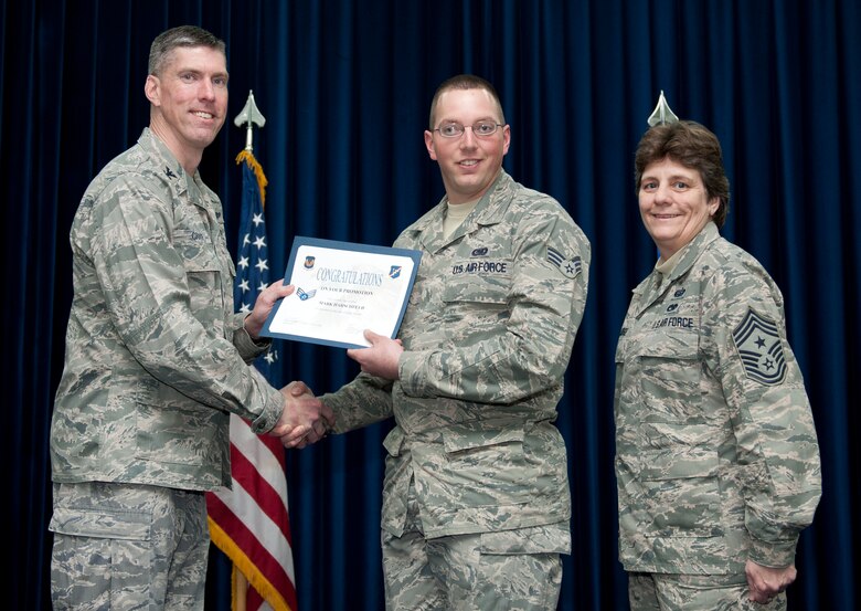 Mark Harschfeld, 39th Logistics Readiness Squadron, is promoted to the rank of senior airman Feb. 29, 2012, at the Club Complex ballroom at Incirlik Air Base, Turkey. (U.S. Air Force photo by Senior Airman Clayton Lenhardt/Released)