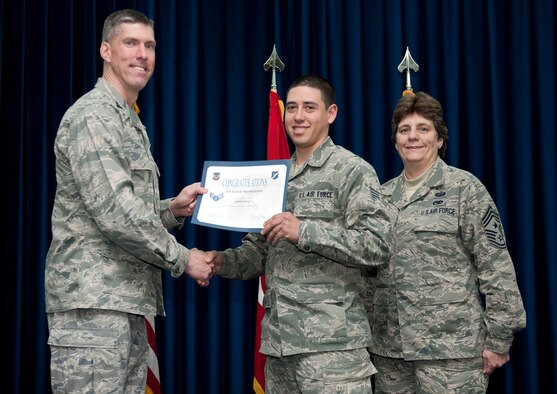 Jose Diaz, 39th Logistics Readiness Squadron, is promoted to the rank of senior airman Feb. 29, 2012, at the Club Complex ballroom at Incirlik Air Base, Turkey. (U.S. Air Force photo by Senior Airman Clayton Lenhardt/Released)