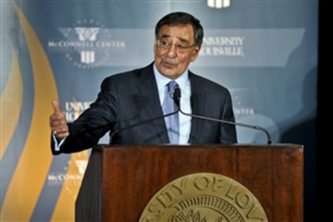 Defense Secretary Leon E. Panetta delivers remarks to about 1,200 people at the University of Louisville in Louisville, Ky., March 1, 2012. Panetta discussed the need for public service and how that has played in the successes and challenges confronting the Defense Department.
