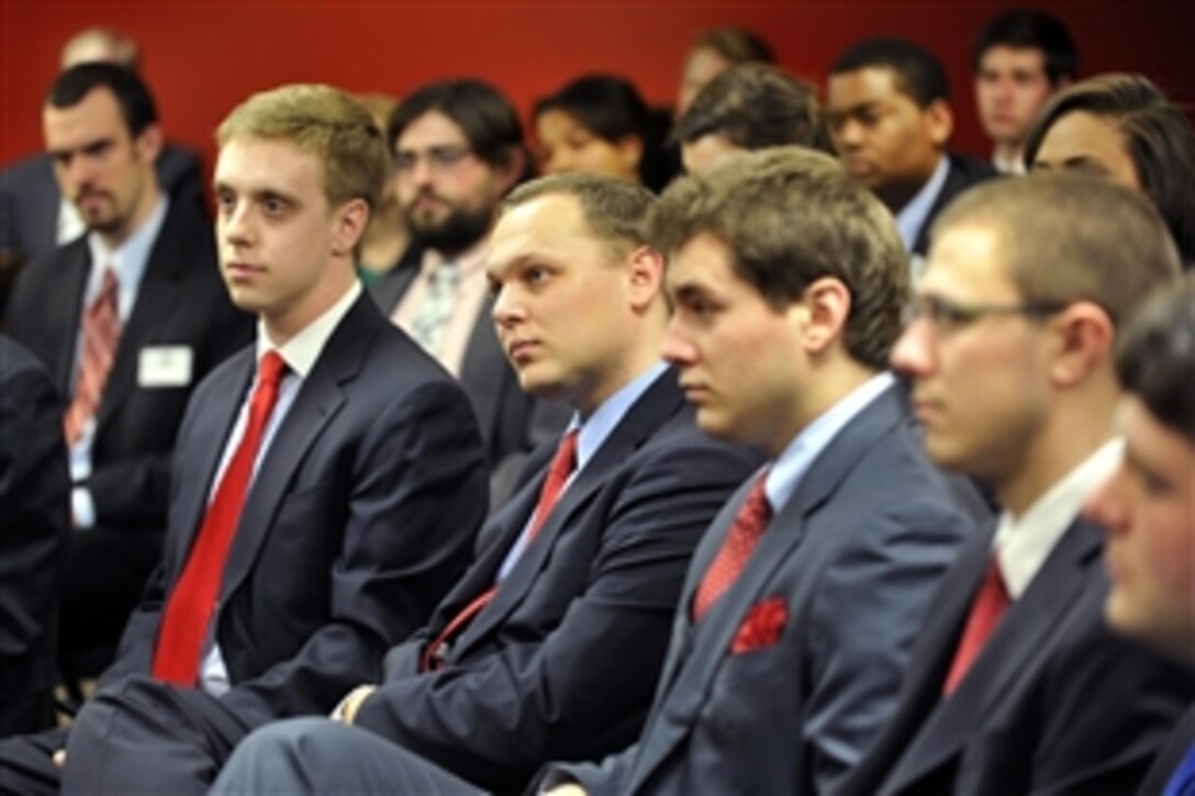 Members of the McConnell Scholars program listen as Defense Secretary Leon E. Panetta speaks at the University of Louisville in Louisville, Ky., March 1, 2012. The program includes 40 of the university's undergraduate students who participate in liberal arts seminars and earn scholarships to Washington, D.C., and China.