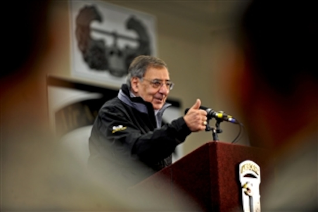 Defense Secretary Leon E. Panetta addresses soldiers assigned to the 101st Airborne Division as he visits Fort Campbell, Ky., March 2, 2012.